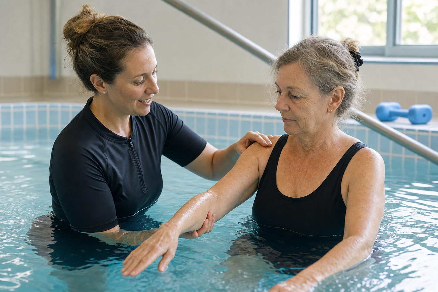 A clinician guiding a patient through hydrotherapy