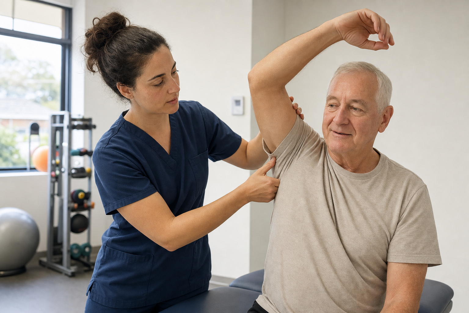 Physiotherapist supporting a patient through a shoulder assessment